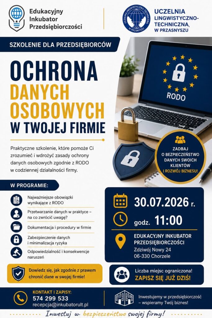 Bezpłatne szkolenie dla przedsiębiorców – Ochrona danych osobowych w Twojej Firmie